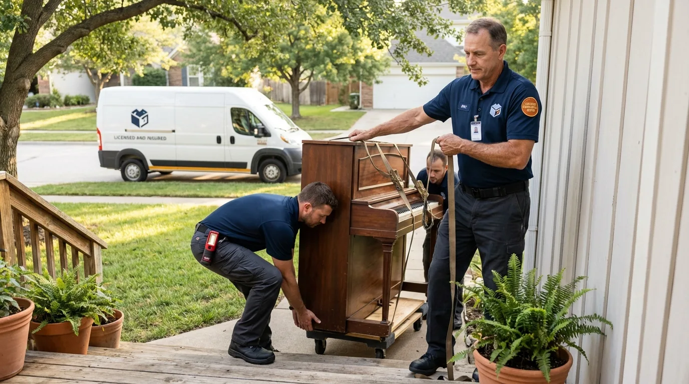 Licensed piano movers securing grand piano in Newton, IA