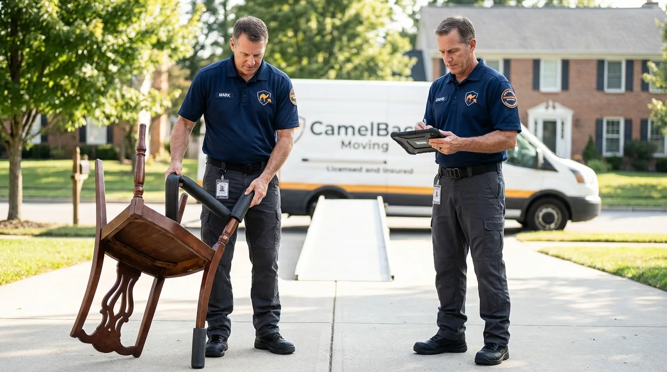 Movers inspecting furniture for damage prevention before loading in Newton, IA