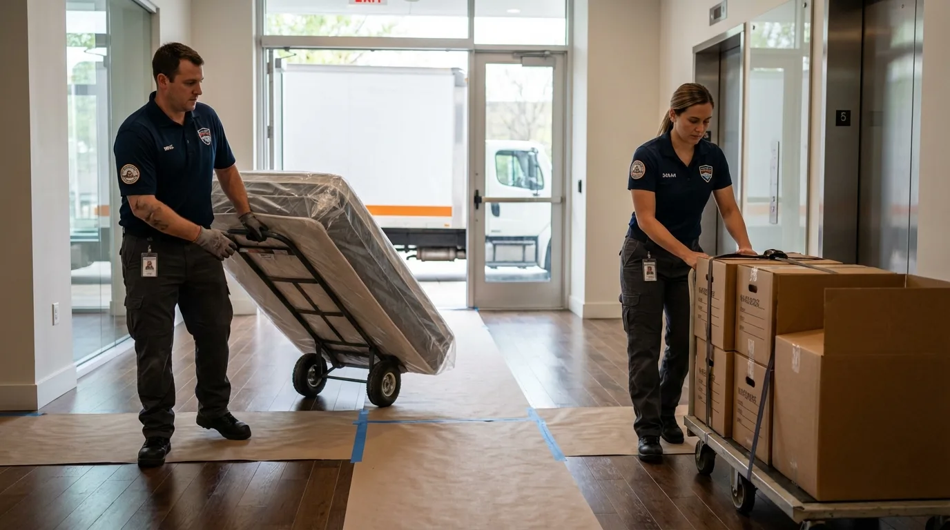 Professional apartment movers loading elevator in Newton, IA