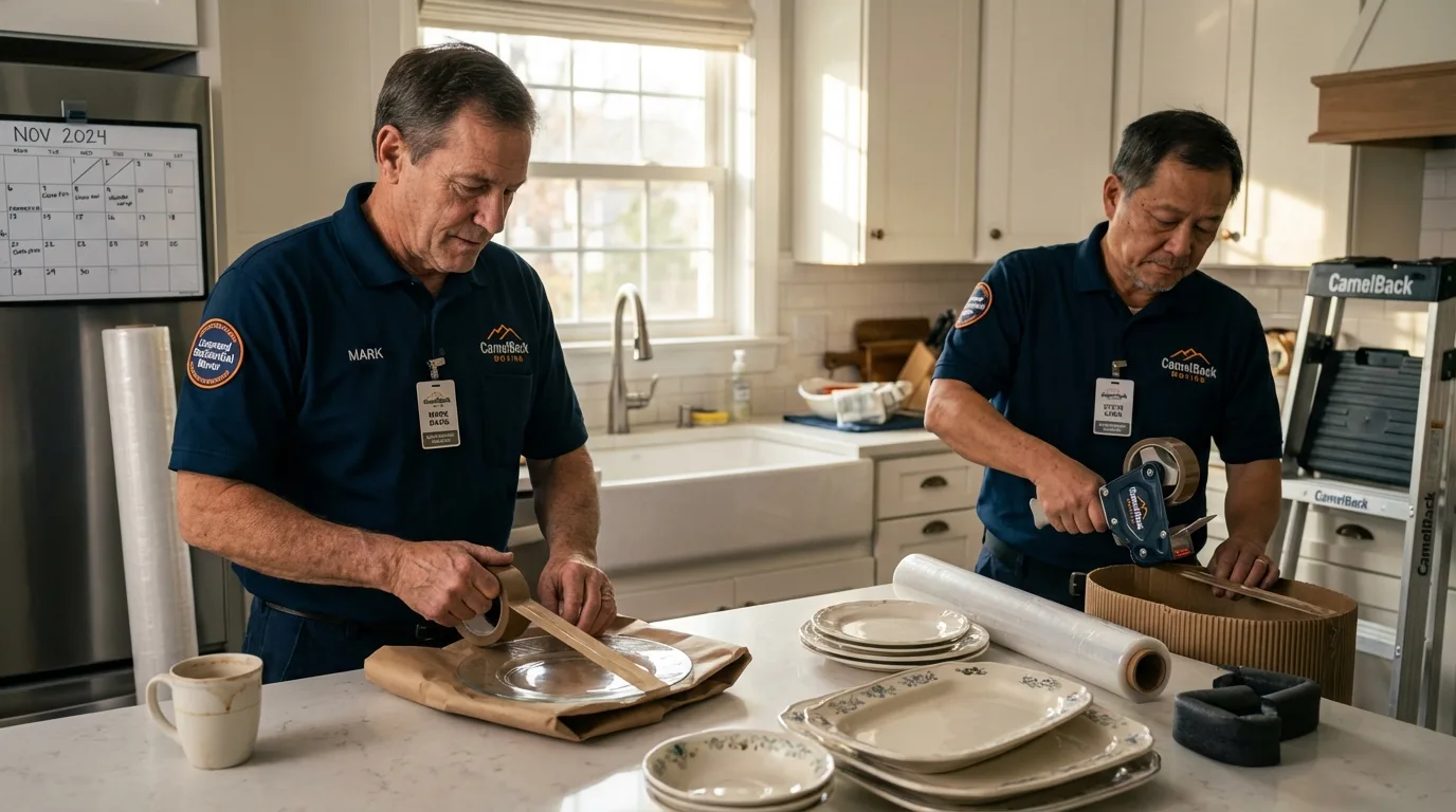 Professional crew packing kitchen dishware in Newton, IA